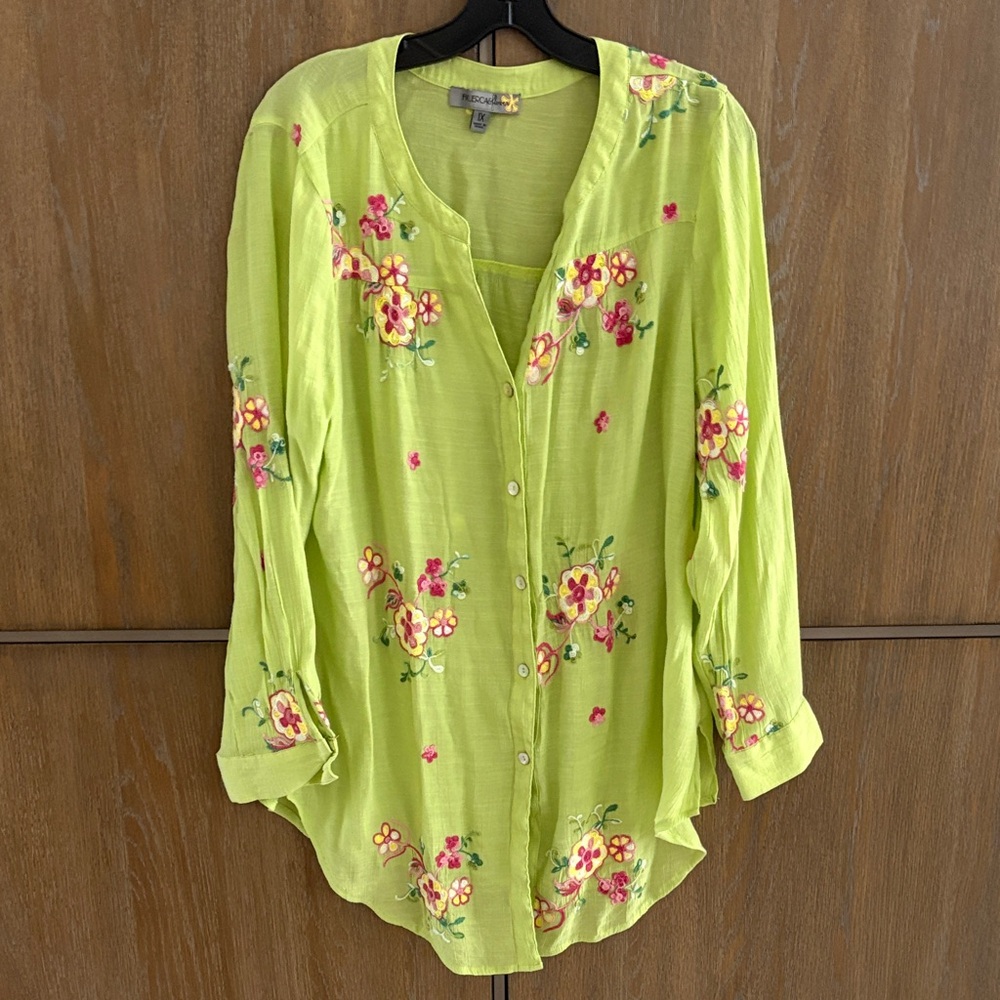Bright Lime Green Floral Button-Down Shirt - Women's